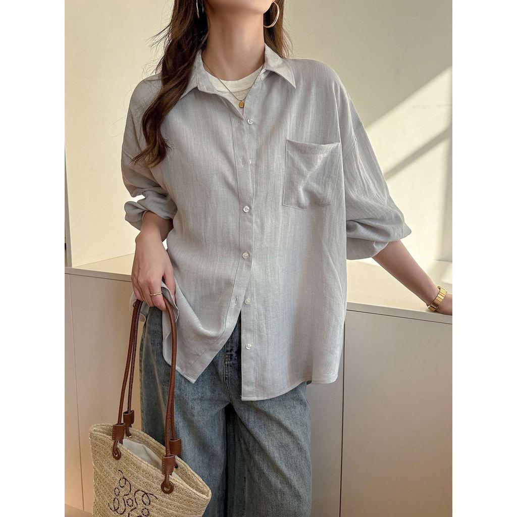Commuter style Polo lapel sunscreen shirt women's spring summer casual lazy feeling large version meat cover linen top
