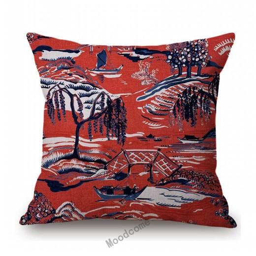 Navy Blue Delft Blue Toile De Jouy Pattern Design Royal Elegant Home Decorative Sofa Throw Pillowcase Cotton Linen Cushion Cover