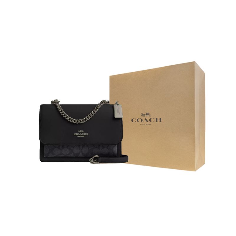 Coach Klare 22 Logo Ketting Schouderband Gecoat Canvas En Leer Crossbody Tas Kleine Dames tassen Zwart CV978-QBMI5 Gift Box Set (Basic Set+Yellow Box) gray