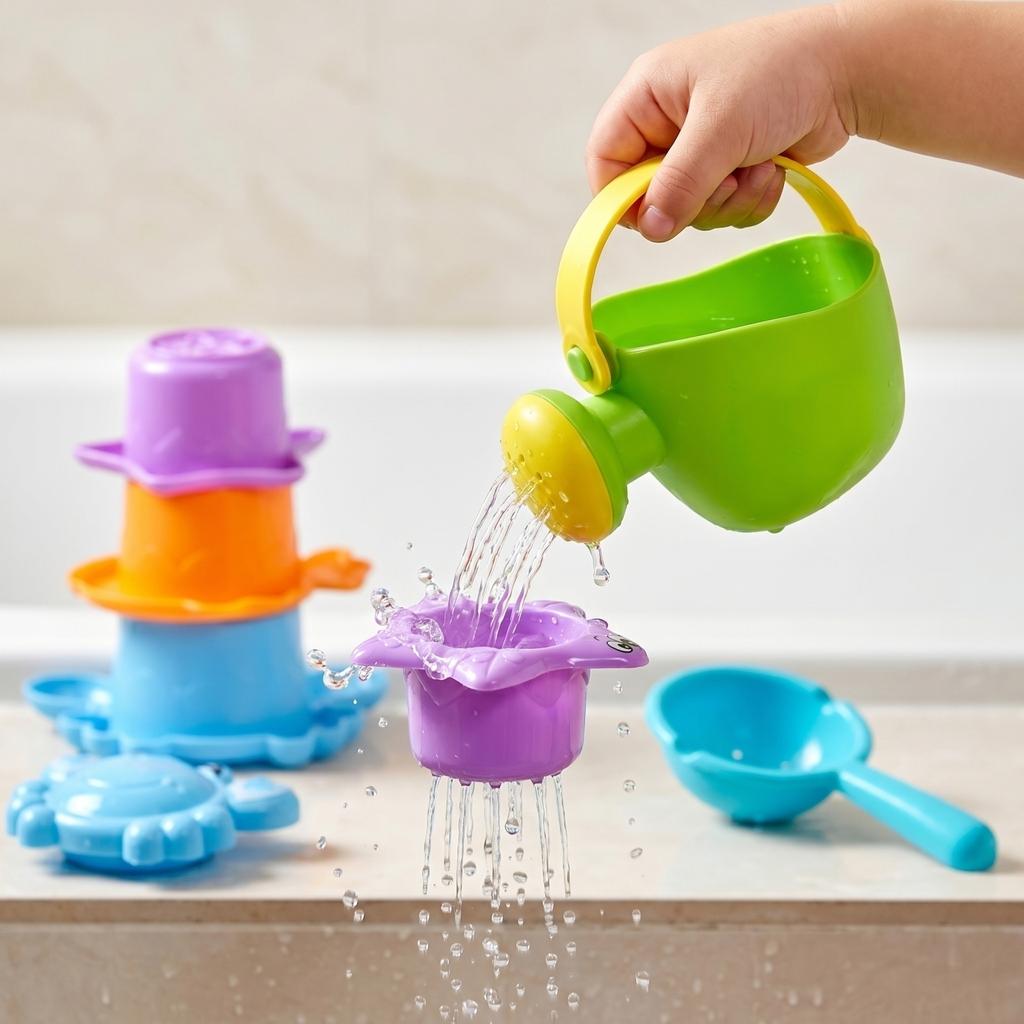 Watering Can and Stacking Cups Bath Toy Set 5 Pieces for Kids Durable Plastic Water Play Set for Indoor and Outdoor Use