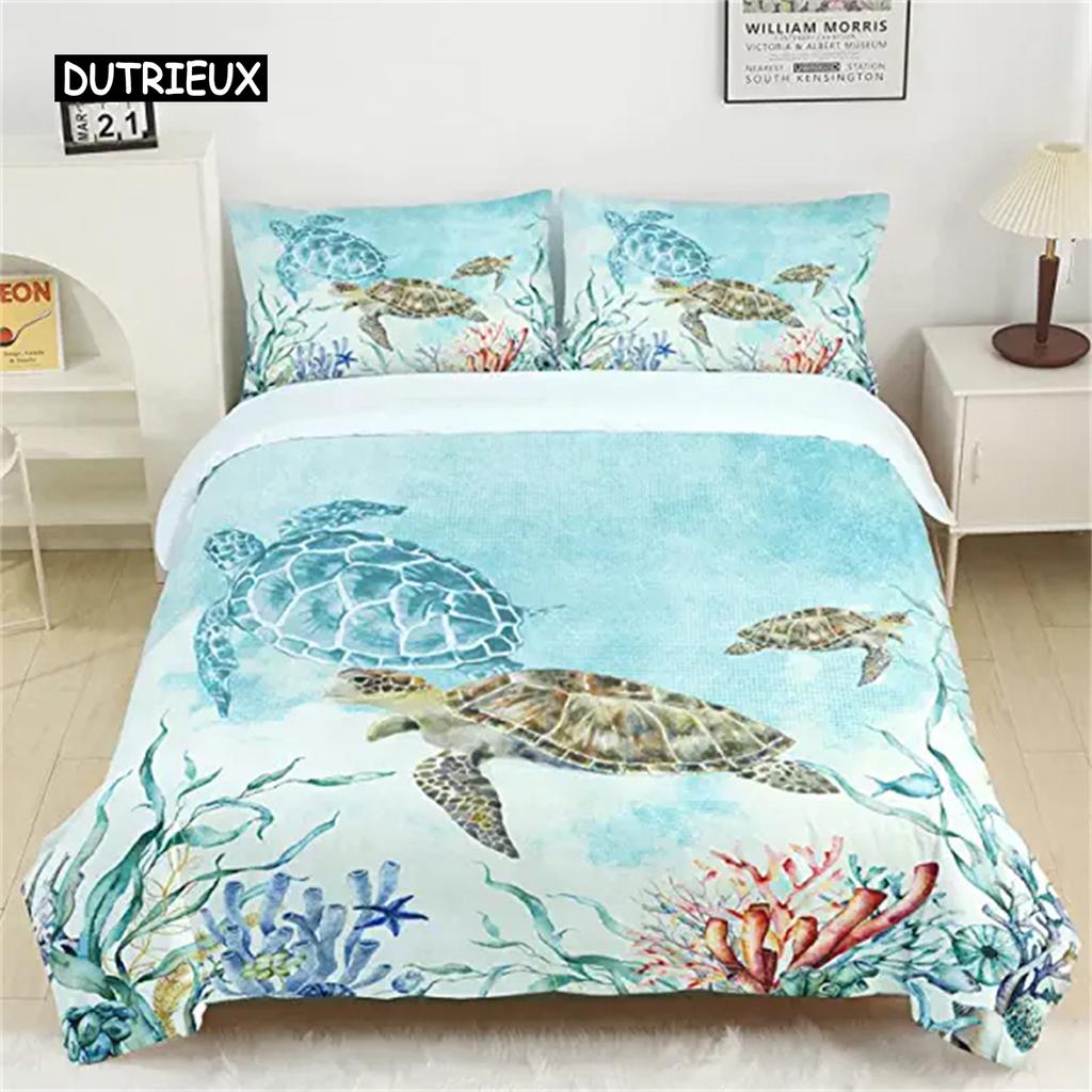 Sea Turtle Duvet Cover Green Blue Ocean Bedding Set Colorful Underwater World for Kids Child Women Nautical Sea Animal Reptile