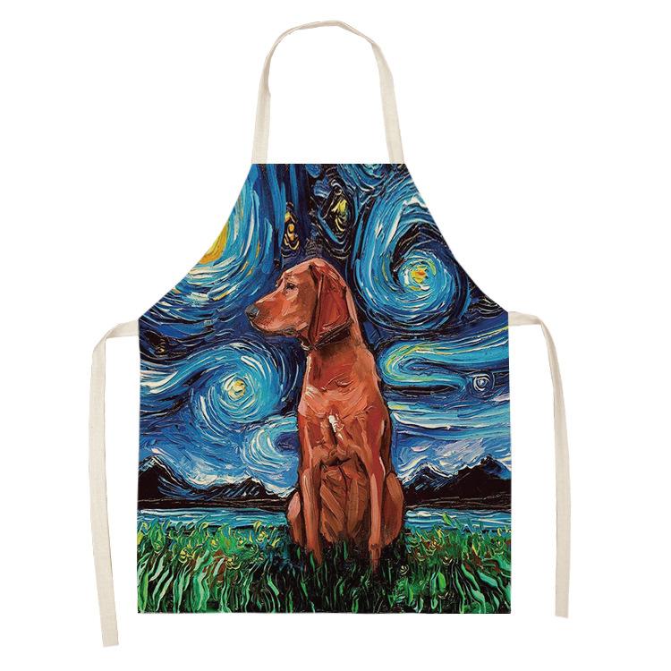 Schürze im Ölgemälde-Stil, Sternenhimmel-Hintergrund, Hund, Leinen, Baumwolle, kreative Eltern-Kind-Schürze, Familienküche