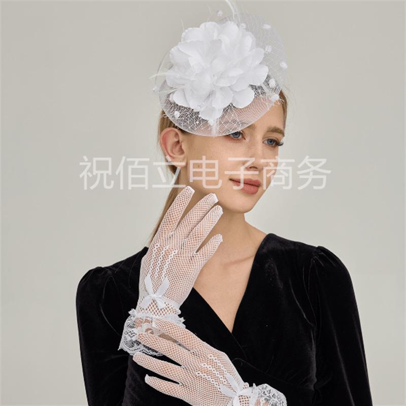 Head flower gloves set bridal retro mesh head flower feather lace hair accessories top hat temperament optimization headgear
