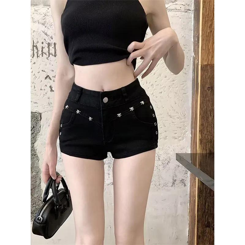 Women's Spicy Black Rivet Denim Ultra-Shorts - Stretchy Low-Waist Slimming Hot Pants