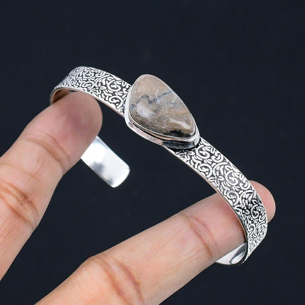 925 Sterling Silver Trillion Spider Web Jasper Stone Daughter Bangle Bracelet