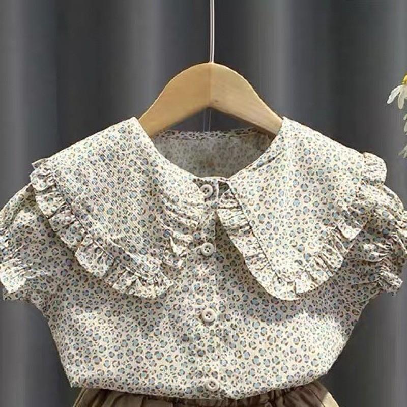 

Stylish Summer Children s Two-piece Clothing Set For Girls With Floral Design And Doll Collar Peacock Blue Shirt,80cm Suggest
