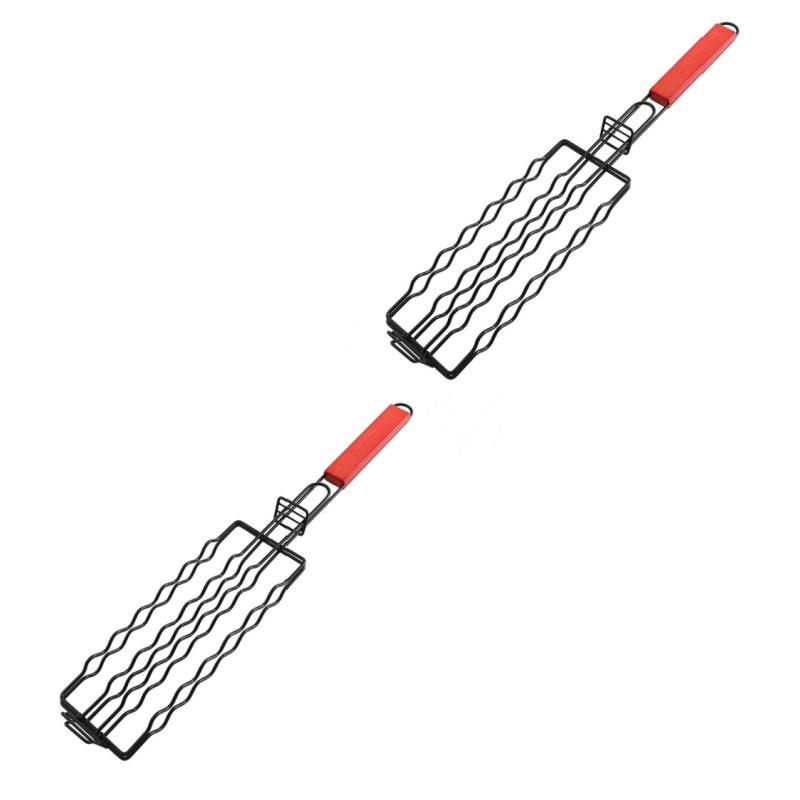 Roasting Rack Multifunctional Foldable Stainless Steel Barbecue Grill Portable Basket Type BBQ Holder Cage with Wooden Handle