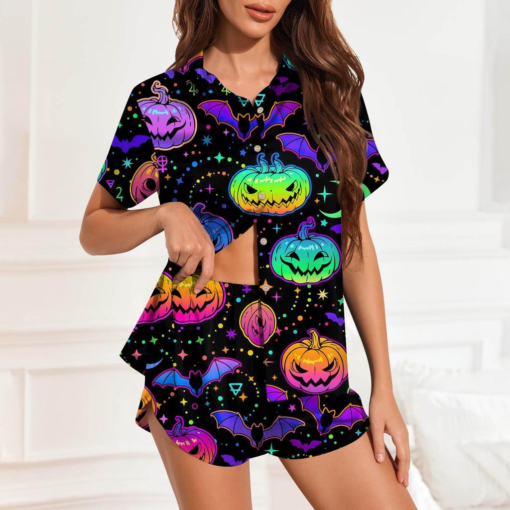 Damen Pyjama-Set aus Eisseide mit Knopfleiste, Heimkleidung, Halloween-Print, kurzärmliges Satin-Pyjama-Set