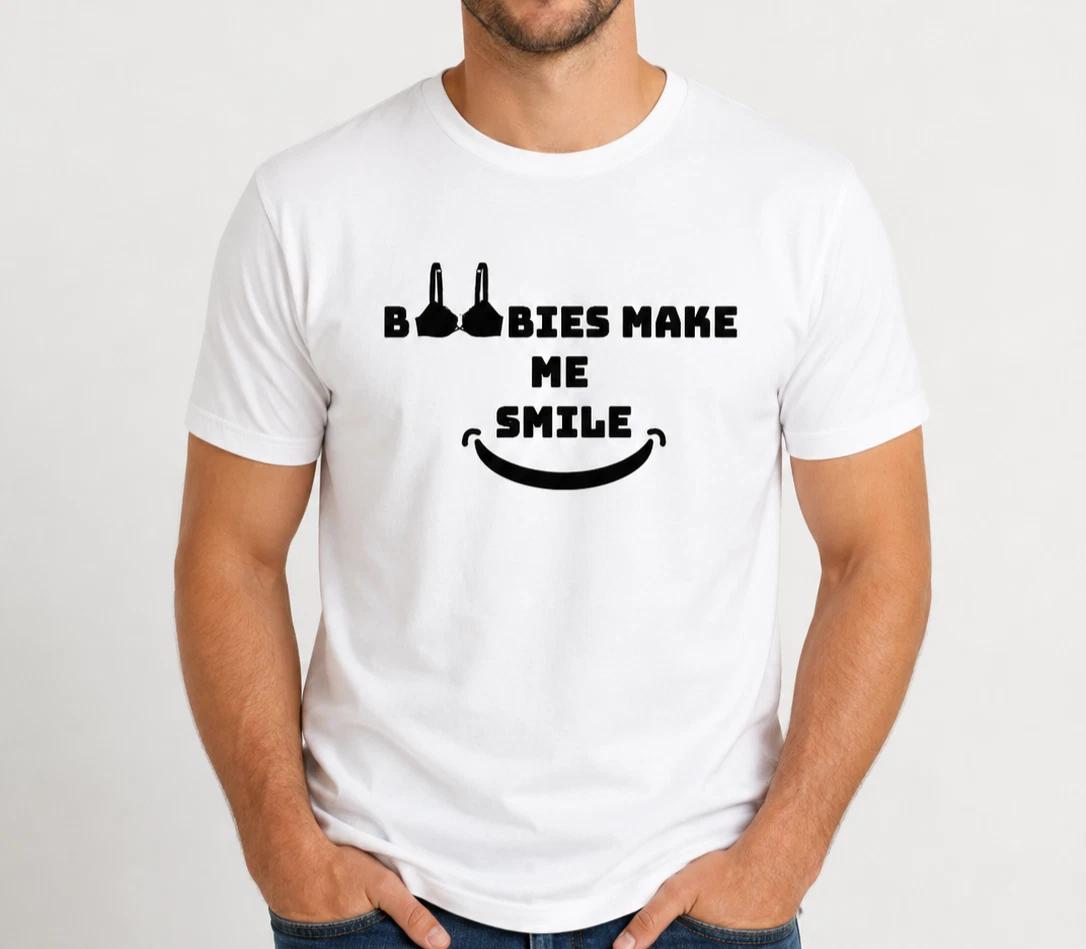 Funny Boobies Make Me Smile White T-Shirt Novelty Joke Gift Tee Unisex Casual S