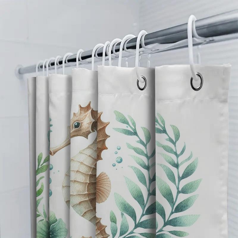 Seahorse Shell Shower Curtain Watercolor Marine Life Print For Bathroom Decor, Green Leaf Design Size 72X84 Inches (White)