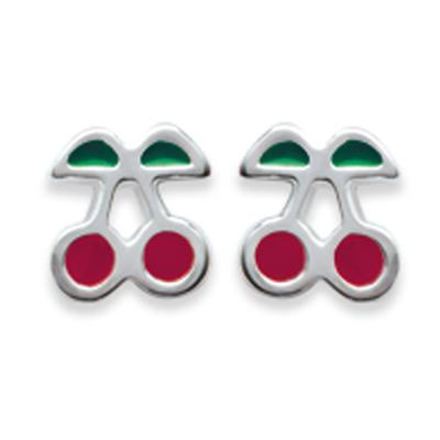 [E1092] - Silver Earrings 'Cherries' Red Green Silver - 6x6 Mm