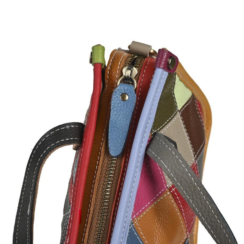 Johnature Borsa da Donna in Vera Pelle Retro Splicing Colore Casuale Borsa a Mano Versatile Morbida Pelle di Mucca Borsa a Spalla