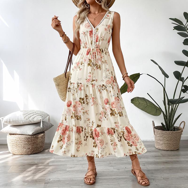 Independent station long dress summer new European and American women's clothing printed sleeveless dress