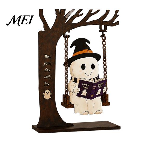 Halloween Celebration Accessories Funny Swing Ornament, Witch/Skeleton/Mummy/Pumpkin Ghost Sitting on Decorative for Party Reading Book Figurine