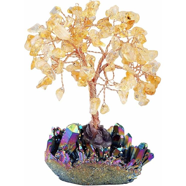 mookaitedecor Amethyst Crystal Tree, Quartz Cluster Rainbow Titanium Crystals Base Bonsai Money Tree for Wealth and Luck