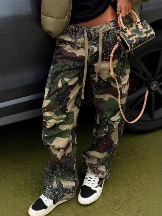 Pantalones Rectos Camuflados de Calle Retro Europeos y Americanos con Detalles de Taladro en Caliente