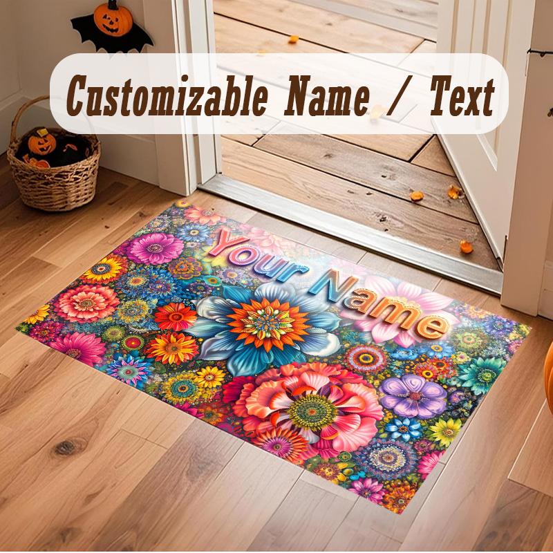 Floral Garden Theme Soft Crystal Velvet Rug Custom Name & Text Print Non Slip Floor Rug for Bedroom Living Room