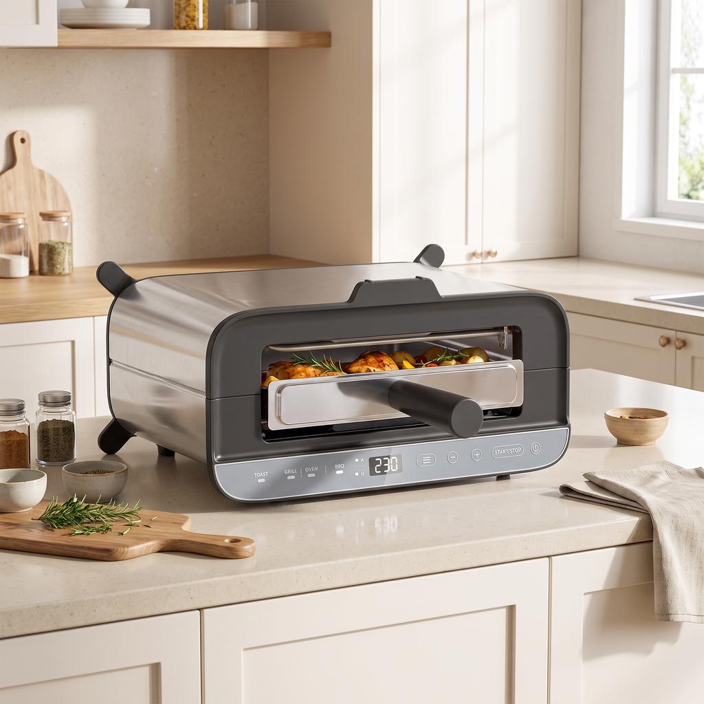 3-in-1 Electric Mini Oven, Long Slot Toaster and Tabletop Grill, with LED Display, 60 Min Timer, Stainless Steel, 1700W