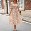 Europäisches und amerikanisches quadratischer Kragen Blusenärmel geblümtes Kleid Urlaub Französisch Retro Taille Pendel mittel und lang Kleid