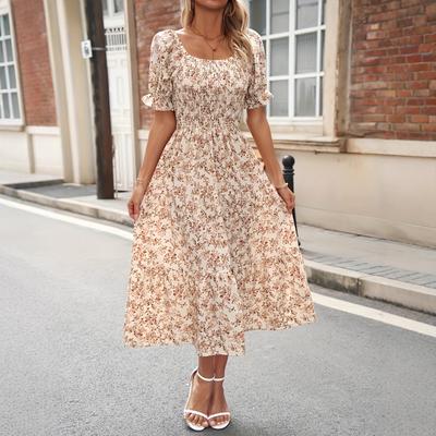 European and American Square Collar Bubble Sleeve Floral Dress Vacation French Retro Waist Pendulum Medium and Long Dress