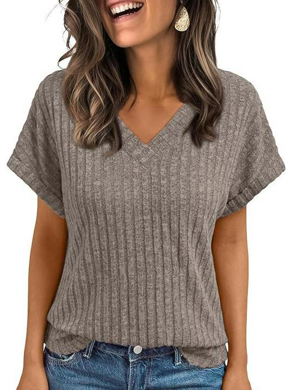 

European & American Women s Summer Casual V-neck Short Sleeve Pullover Top Large