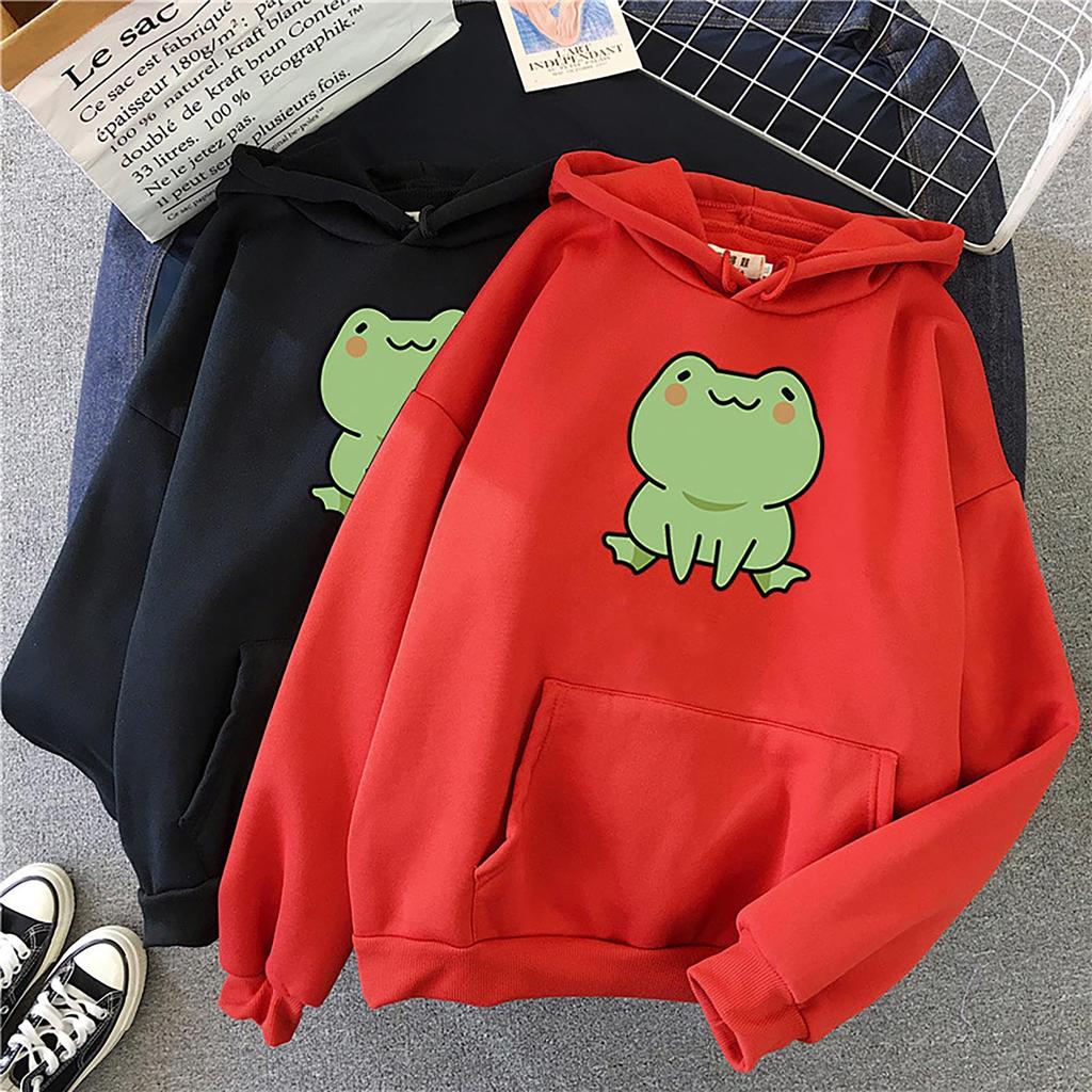 Women Frog Print Hoodie Ladies Candy Colored Long Sleeved Fleece Hooded Student Loose and Casual Top