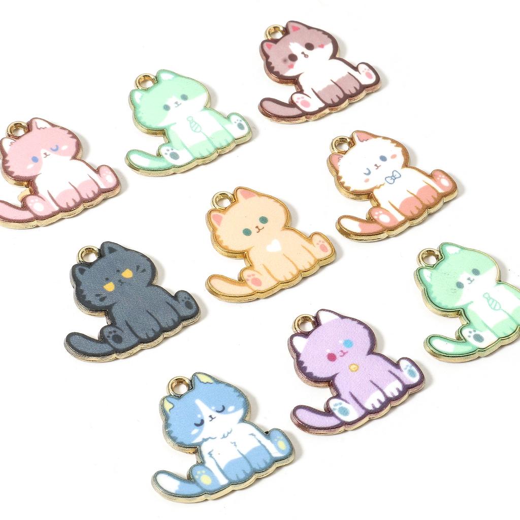 Cute Cartoon Cat Zinc Based Alloy Charms Cat Animal Enamel Gold Color Metal Pendants For DIY Making Jewelry 20mm x 20mm, 10 PCs