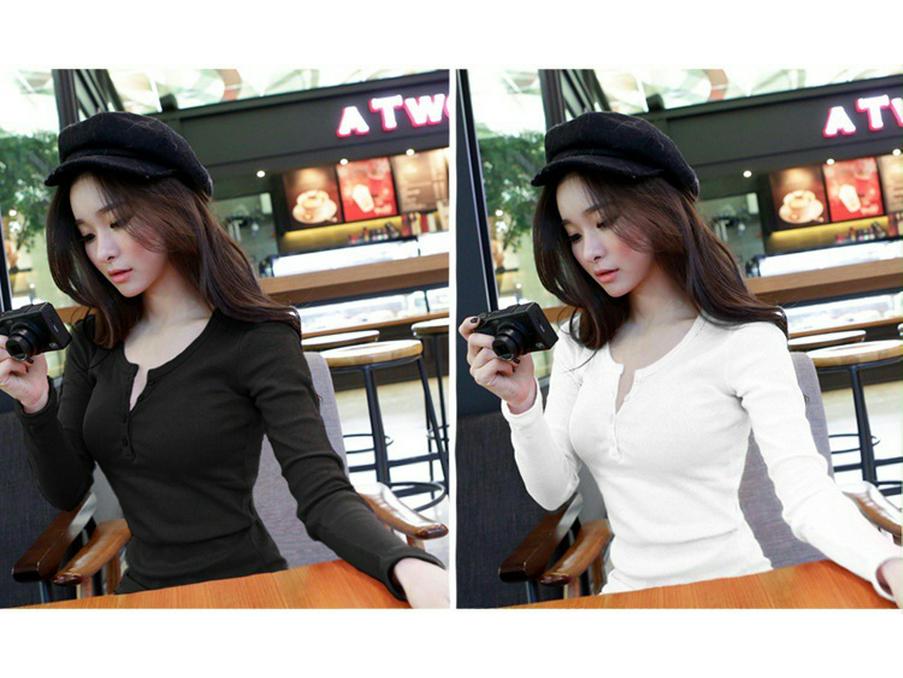 Women's Autumn Slim Fit Ribbed Long Sleeve T-Shirt with Half Open Collar