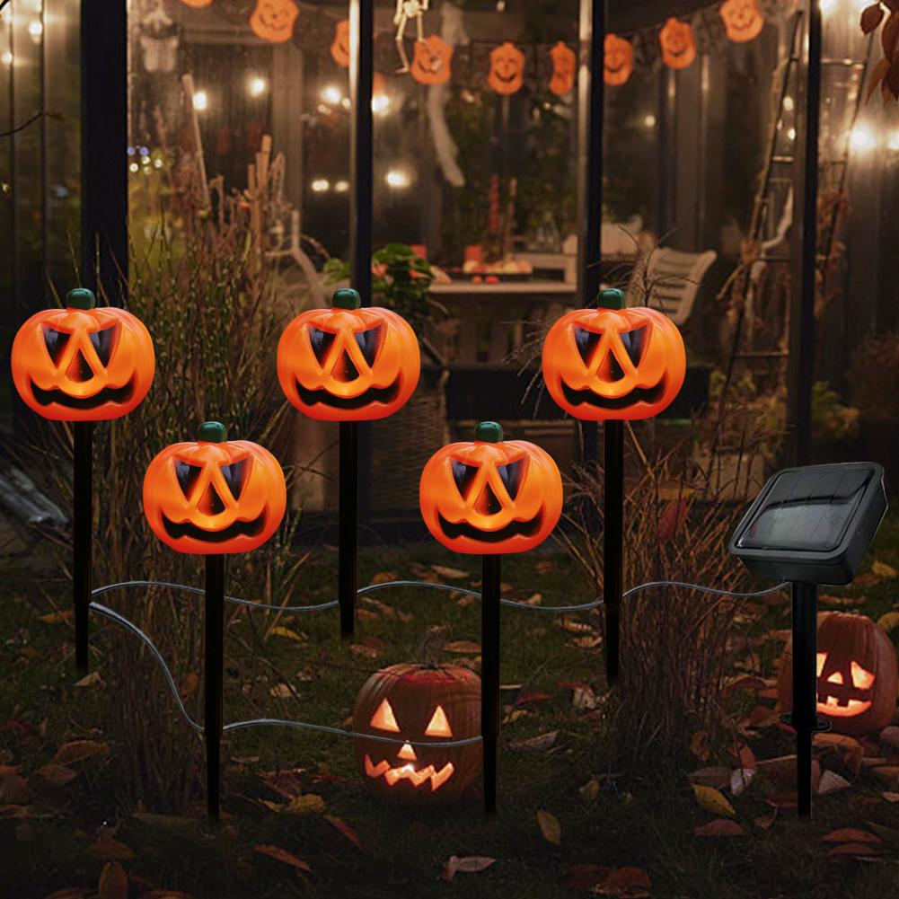 5 Pack Halloween Pumpkin Pathway Stake Lights Halloween Decoration Outdoor Solar Lights Waterproof for Garden Yard Pathway Decor