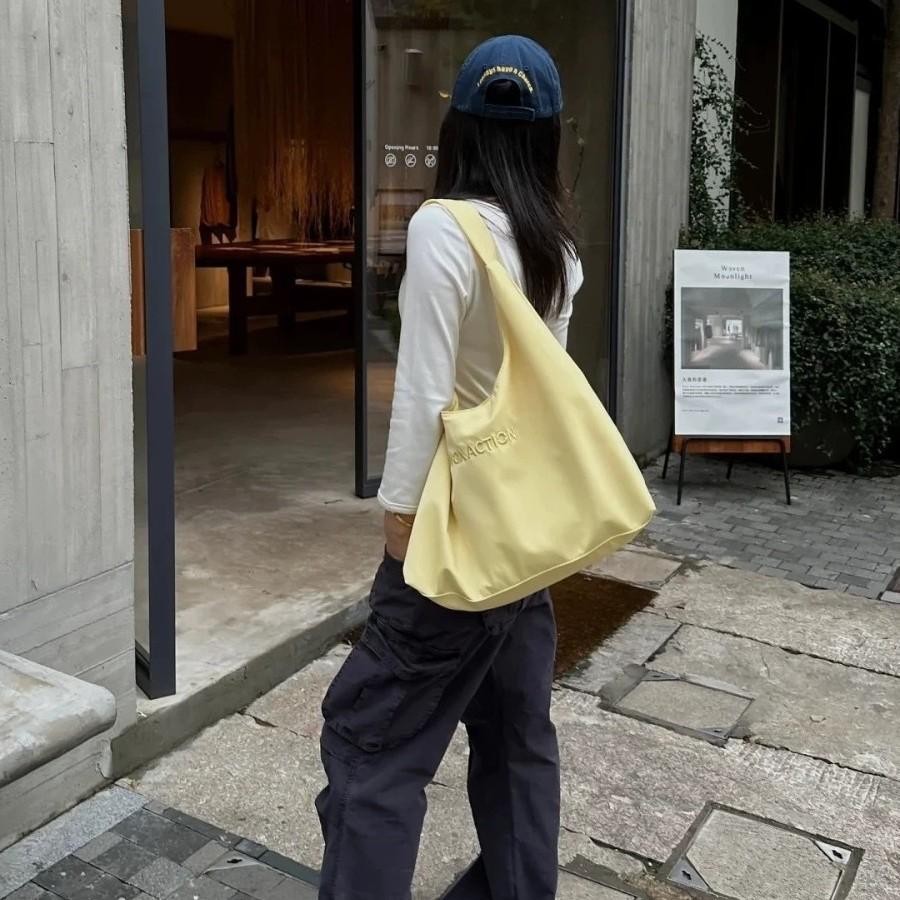 Yellow letter nylon canvas bag women's new large-capacity shoulder commuter shopping bag