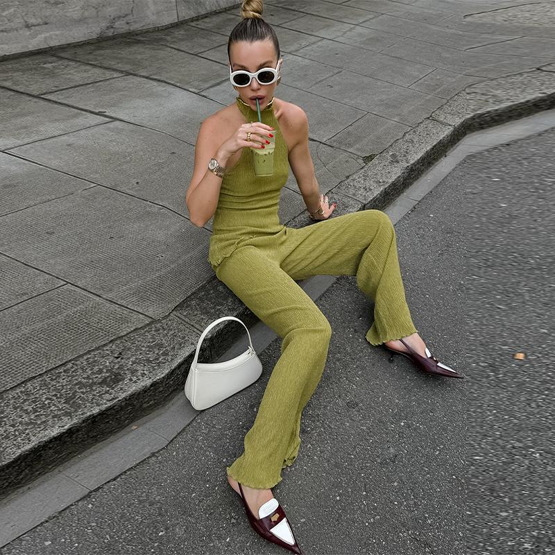 Casual Women Sleeveless Backless Tank Tops Wide Leg Trousers Suit Fashion Halter Vest Long Pants Set Chic Lady Summer Outfits