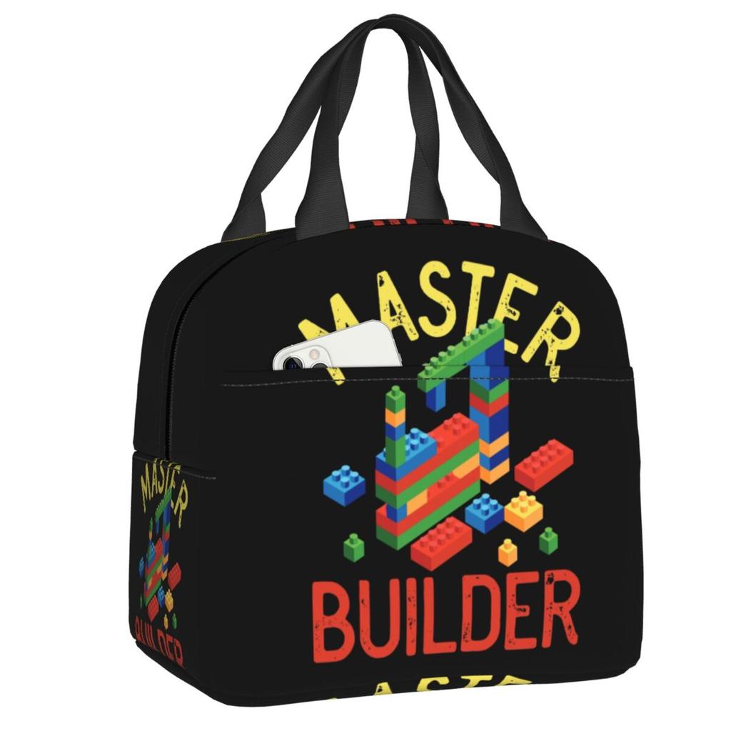 Custom Brick Builder Blocks Master Builder Insulated Lunch Tote Bag for Women Resuable Cooler Thermal Food Lunch Box Children