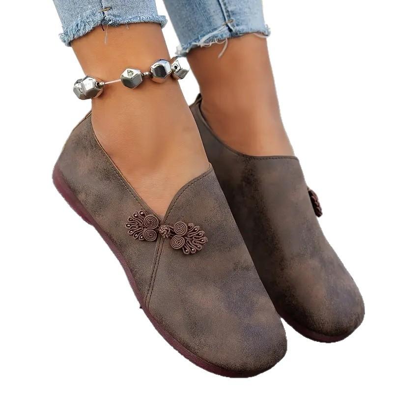 Flat Shoes New Ethnic Style Retro Buckle Light Mouth Single Shoes Black New Chinese Low Heel