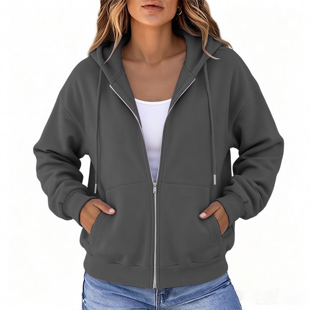 Women's Color Loose Fit Hooded Jacket with Zipper Winter Coat