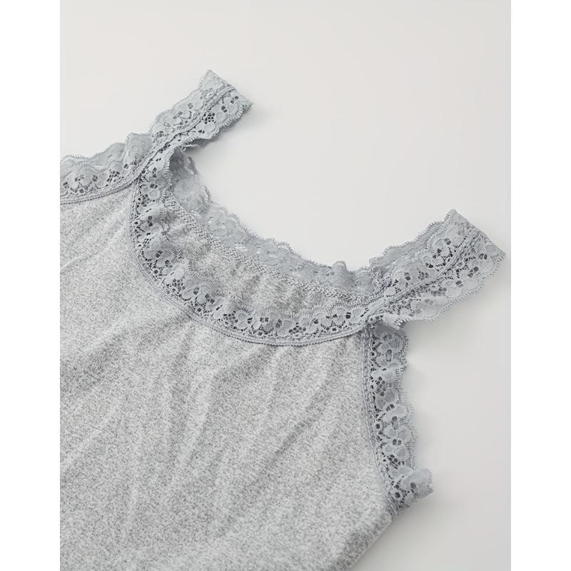 Women's Beige Lace Trim Tank Top Solid Color Square Neck Sleeveless Cami