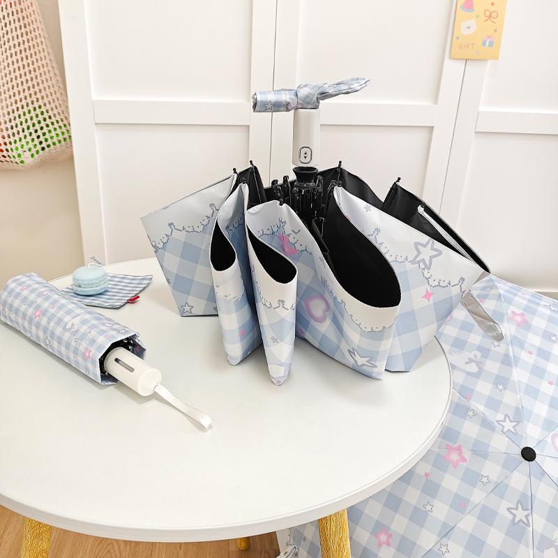 Women's Automatic Plaid Folding Umbrella: UV Protection, Dual-Use for Rain or Shine