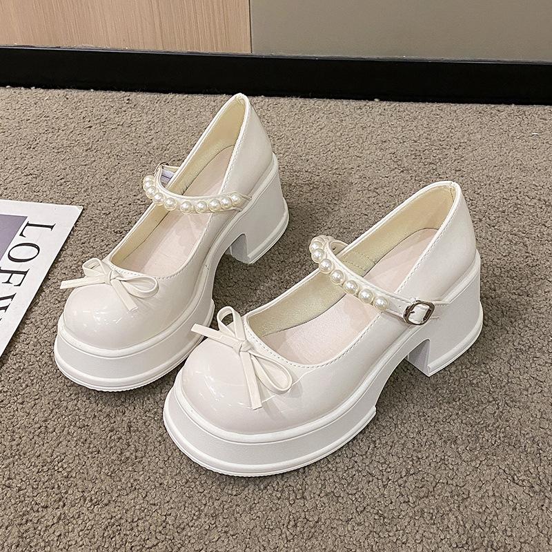 Pearl belt platform Mary Jane shoes autumn 2025 new bow thick heel single shoes women's versatile casual women's shoes