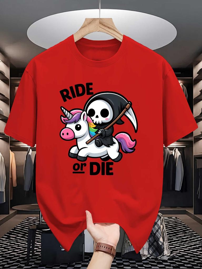 Unisex Crew Neck Tee Cute Reaper Unicorn Ride Or Die Text Print Soft Cotton Loose Short Sleeve Summer Casual Male Streetwear Tops
