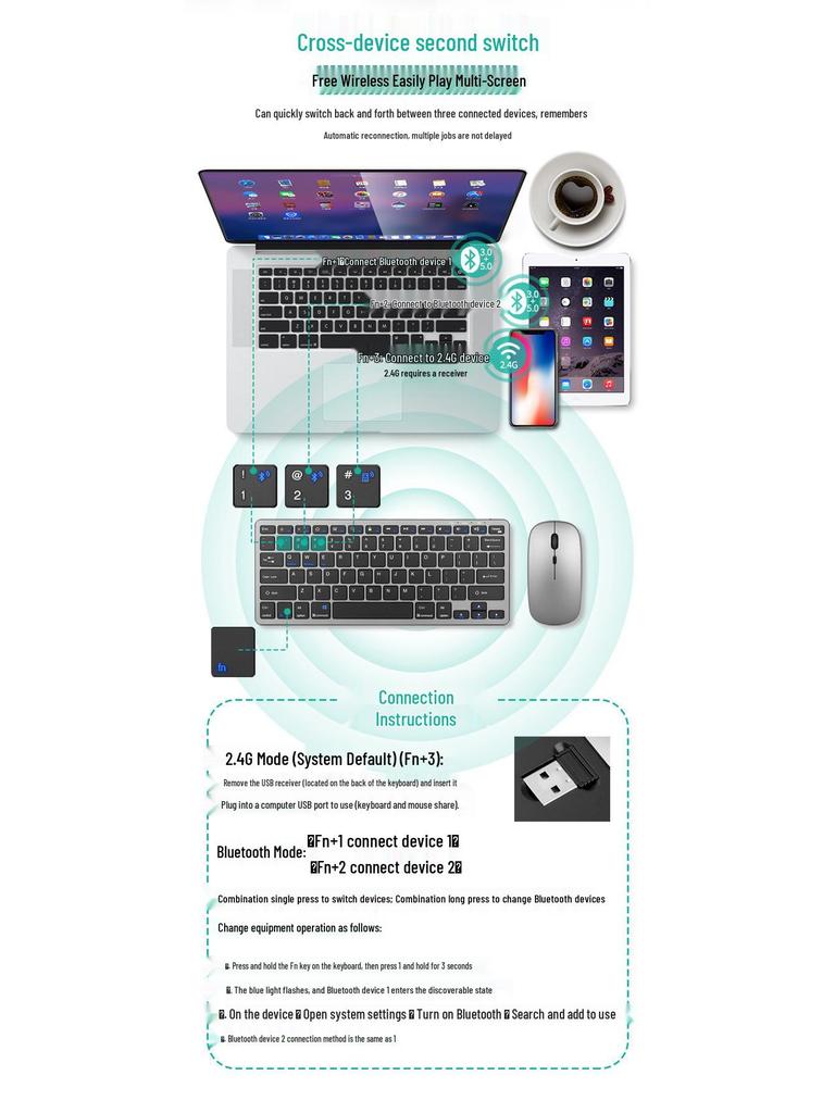 Ultra-Thin Rechargeable Bluetooth & 2.4G Wireless 3-Mode Keyboard and Mouse Set for Office Use.