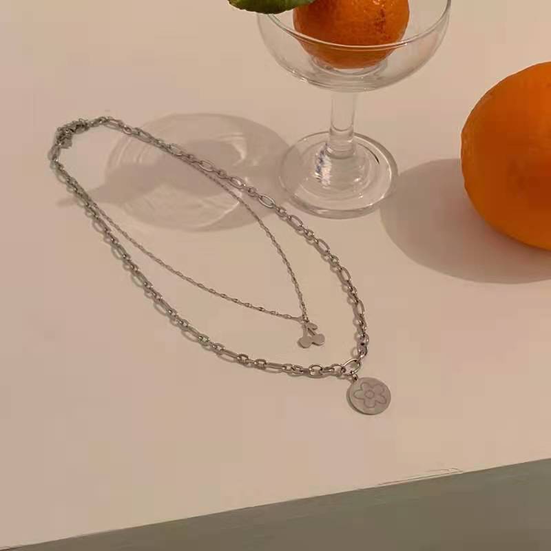 Cherry Flower Double Layer Simple Stacked Necklace Female Personality Design Sweater Chain Long Titanium Steel Clavicle Chain
