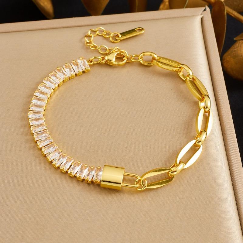 18K Gold Plated Padlock Baguette CZ Link Bracelet, Dainty Paperclip Chain Charm Bracelet for Women, Trendy Jewelry