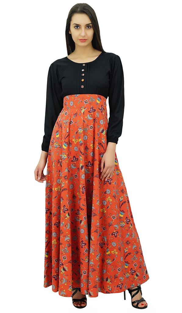 Bimba Women's Full-Sleeve Floral Round Neck Long Dress Boho Gothic Maxi