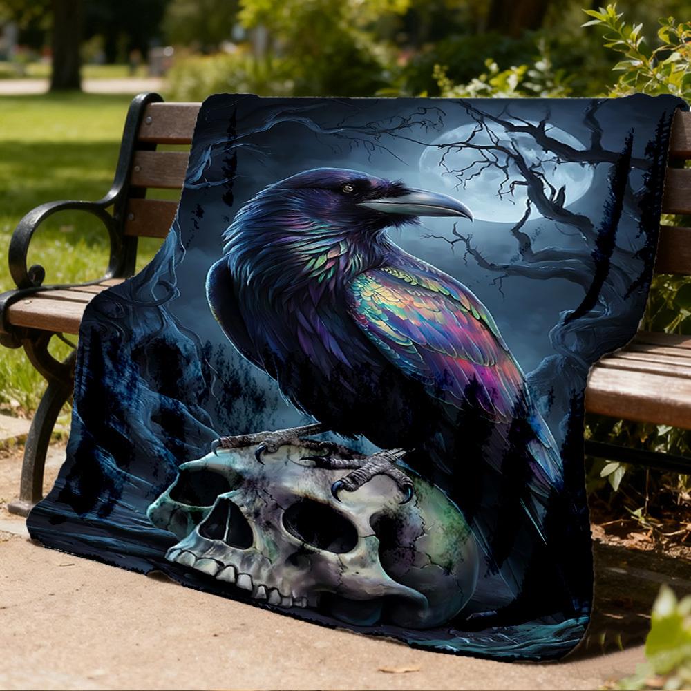 1pc Raven Skull Print Outdoor Blanket, Lightweight Polyester,