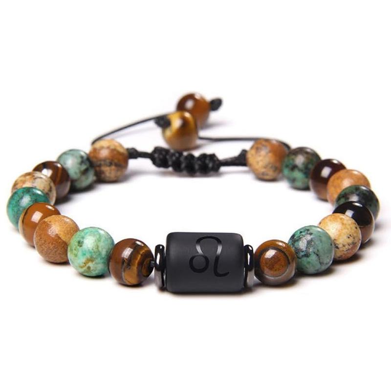 Natural Stone Tiger Eye Picture Jasper Round Beads 12 Constellation Bracelet for Men and Women Zodiac Signs Bracelet Aries