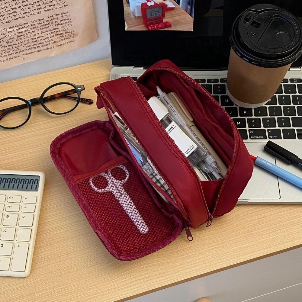 Wine Red Korean Stationery Bag Black Solid Color Pencil Pouch Multilayer Pencil Case Unisex