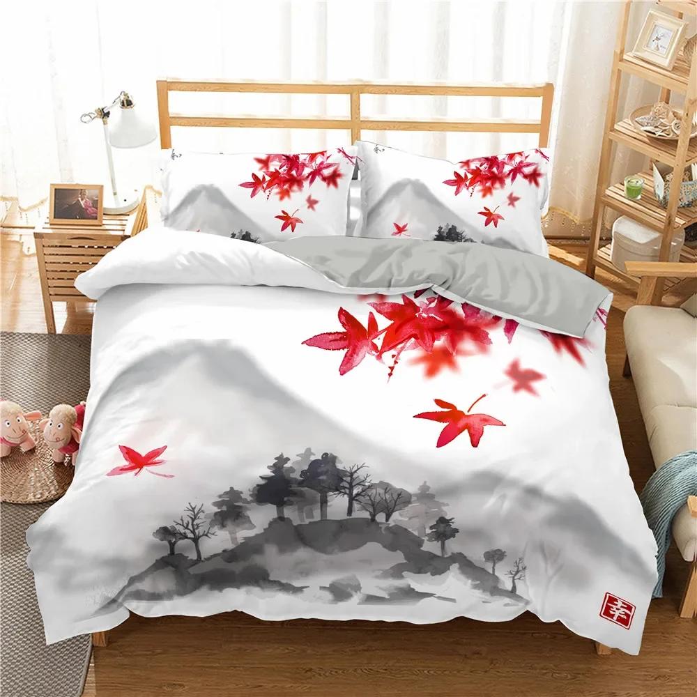 Comforter Ink Painting King Queen Chinese Landscape Painting Bedding Set Adults Idyllic Scenery Mountain Polyester