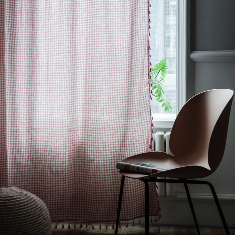 Japanese Pink Plaid Cotton Linen with Tassel Window Curtain Blackout Valance Art Decorative Curtain for Living Room Bedroom