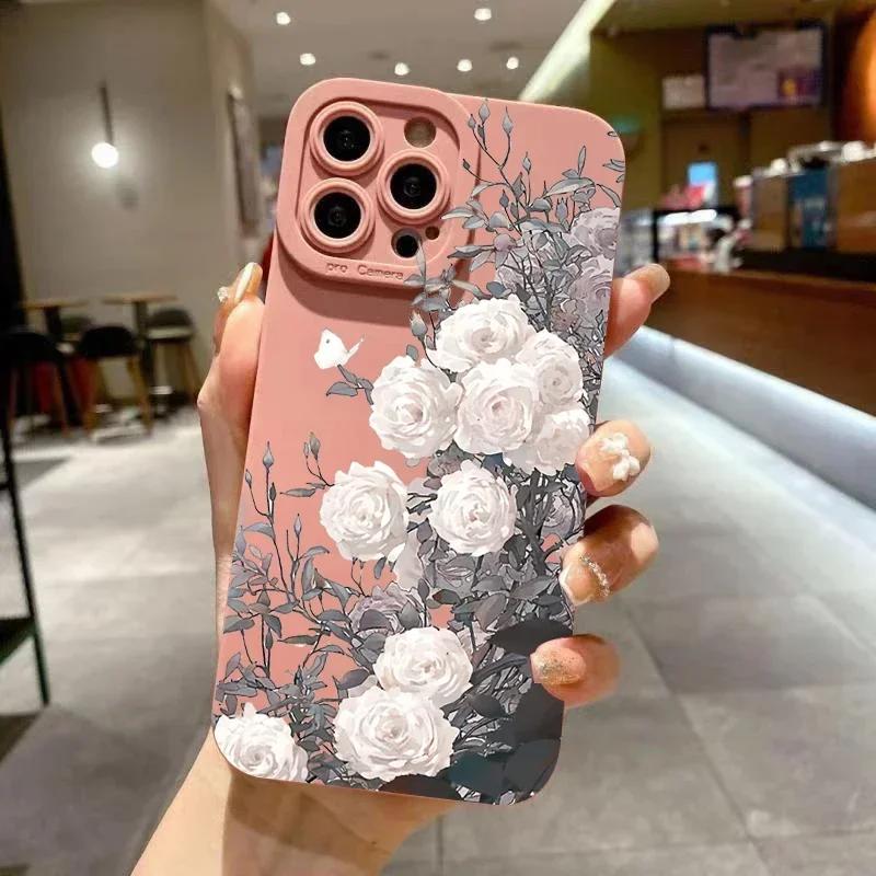 For iPhone 16 15 14 13 12 11 Pro Max Flower Pattern Phone Cover For iPhone XS Max XR X 7 8 14 Plus 15 Matte Soft Silicone Cover