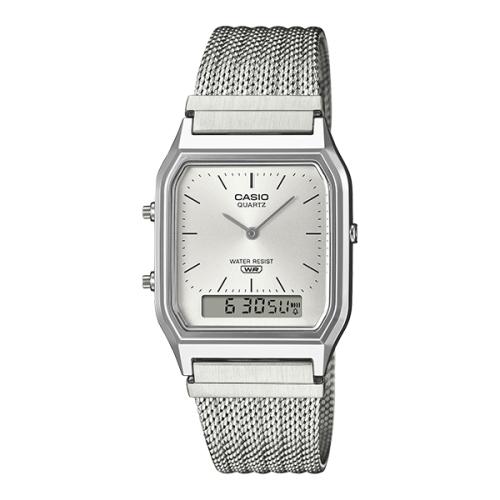 CASIO Watch Dual Time Silver Vintage, Metal Mesh Strap, AQ-230EM-7ADF 1 серебряный