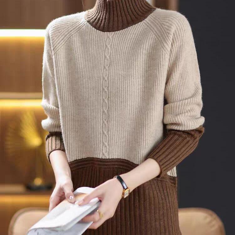 

Half-high Neck Color-blocking Sweater for Women In Autumn and Winter New Style Fashionable Loose Wool Knitted Base Shirt S